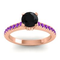 Black Onyx Ring In 18K Rose Gold With Lab Diamond And Amethyst Saraka Round Classic Ring