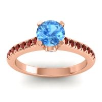 Swiss Blue Topaz Ring In 18K Rose Gold With Garnet Saraka Round Classic Ring