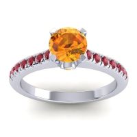Citrine Ring In 14k White Gold With Ruby Saraka Round Classic Ring