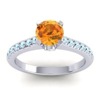 Citrine Ring In 18k White Gold With Diamond And Aquamarine Saraka Round Classic Ring