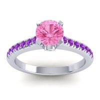 Pink Tourmaline Ring In 14k White Gold With Swiss Blue Topaz And Amethyst Saraka Round Classic Ring