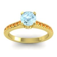 Aquamarine Ring In 14k Yellow Gold With Pink Tourmaline And Citrine Saraka Round Classic Ring