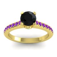 Black Onyx Ring In 18k Yellow Gold With Emerald And Amethyst Saraka Round Classic Ring