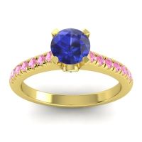 Lab Blue Sapphire Ring In 14k Yellow Gold With Aquamarine And Pink Tourmaline Saraka Round Classic Ring