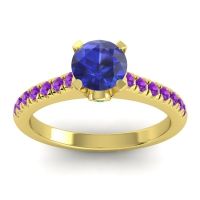 Lab Blue Sapphire Ring In 18k Yellow Gold With Emerald And Amethyst Saraka Round Classic Ring