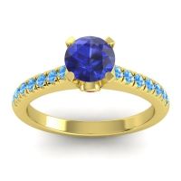 Lab Blue Sapphire Ring In 14k Yellow Gold With Garnet And Swiss Blue Topaz Saraka Round Classic Ring
