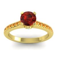 Garnet Ring In 18k Yellow Gold With Swiss Blue Topaz And Citrine Saraka Round Classic Ring
