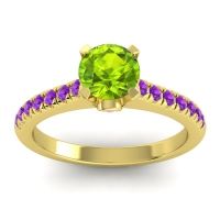 Peridot Ring In 18k Yellow Gold With Pink Tourmaline And Amethyst Saraka Round Classic Ring