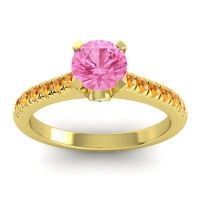 Pink Tourmaline Ring In 14k Yellow Gold With Aquamarine And Citrine Saraka Round Classic Ring