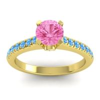 Pink Tourmaline Ring In 14k Yellow Gold With Lab Diamond And Swiss Blue Topaz Saraka Round Classic Ring