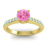 Pink Tourmaline Ring In 14k Yellow Gold With Aquamarine Saraka Round Classic Ring