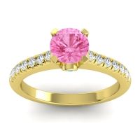 Pink Tourmaline Ring In 14k Yellow Gold With Swiss Blue Topaz And Lab Diamond Saraka Round Classic Ring