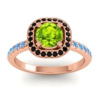 Peridot Ring In 14K Rose Gold With Black Onyx And Swiss Blue Topaz Masura Round Halo Ring