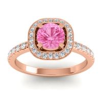Pink Tourmaline Engagement Ring In 14K Rose Gold With Diamond - Masura Round Halo Ring