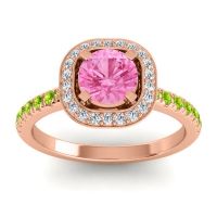 Pink Tourmaline Ring In 14K Rose Gold With Diamond And Peridot Masura Round Halo Ring