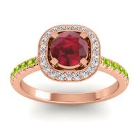 Lab Ruby Ring In 14K Rose Gold With Diamond And Peridot Masura Round Halo Ring