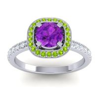 Amethyst Engagement Ring In 14k White Gold With Peridot And Diamond - Masura Round Halo Ring