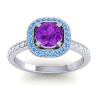Amethyst Engagement Ring In 14k White Gold With Swiss Blue Topaz And Diamond - Masura Round Halo Ring