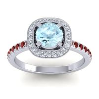 Aquamarine Ring In 14k White Gold With Lab Diamond And Garnet Masura Round Halo Ring