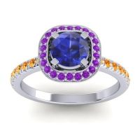 Blue Sapphire Ring In Palladium With Amethyst And Citrine Masura Round Halo Ring