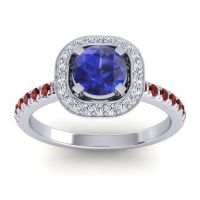 Lab Blue Sapphire Ring In 14k White Gold With Lab Diamond And Garnet Masura Round Halo Ring