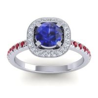 Lab Blue Sapphire Ring In 14k White Gold With Lab Diamond And Ruby Masura Round Halo Ring