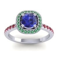 Blue Sapphire Ring In 14k White Gold With Emerald And Ruby Masura Round Halo Ring