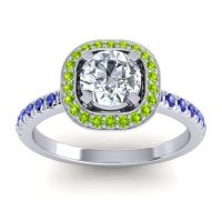 Lab Diamond Ring In 14k White Gold With Peridot And Blue Sapphire Masura Round Halo Ring