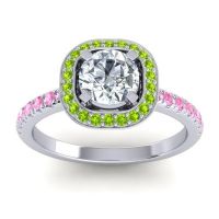 Lab Diamond Ring In 14k White Gold With Peridot And Pink Tourmaline Masura Round Halo Ring