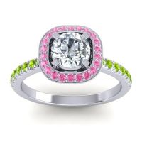 Lab Diamond Ring In 14k White Gold With Pink Tourmaline And Peridot Masura Round Halo Ring