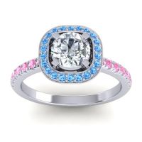 Lab Diamond Ring In 14k White Gold With Swiss Blue Topaz And Pink Tourmaline Masura Round Halo Ring