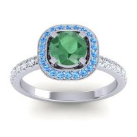 Emerald Engagement Ring In 14k White Gold With Swiss Blue Topaz And Diamond - Masura Round Halo Ring