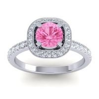 Pink Tourmaline Ring In 14k White Gold With Lab Diamond Masura Round Halo Ring