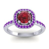 Ruby Ring In 14k White Gold With Amethyst Masura Round Halo Ring