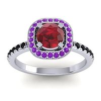 Ruby Ring In 14k White Gold With Amethyst And Black Onyx Masura Round Halo Ring