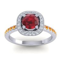 Ruby Ring In Palladium With Lab Diamond And Citrine Masura Round Halo Ring