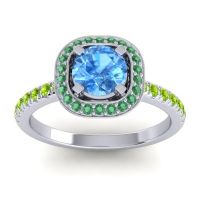 Swiss Blue Topaz Ring In 14k White Gold With Emerald And Peridot Masura Round Halo Ring