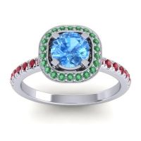 Swiss Blue Topaz Ring In 14k White Gold With Emerald And Ruby Masura Round Halo Ring