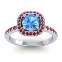 Swiss Blue Topaz Ring In 14k White Gold With Ruby Masura Round Halo Ring
