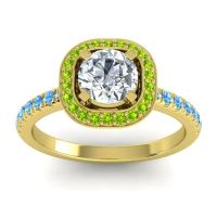 Lab Diamond Ring In 14k Yellow Gold With Peridot And Swiss Blue Topaz Masura Round Halo Ring