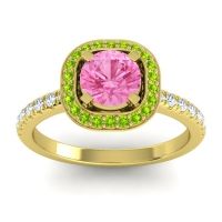 Pink Tourmaline Engagement Ring In 14k Yellow Gold With Peridot And Diamond - Masura Round Halo Ring