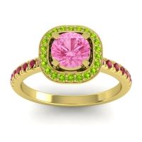 Pink Tourmaline Ring In 14k Yellow Gold With Peridot And Ruby Masura Round Halo Ring