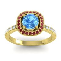 Swiss Blue Topaz Engagement Ring In 18k Yellow Gold With Ruby And Diamond - Masura Round Halo Ring