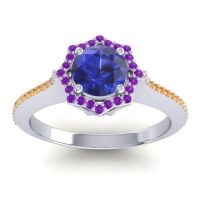 Blue Sapphire Ring In Palladium With Amethyst And Citrine Taraka Round Halo Ring