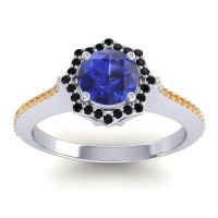 Blue Sapphire Ring In Palladium With Black Onyx And Citrine Taraka Round Halo Ring