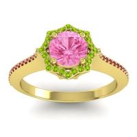 Pink Tourmaline Ring In 14k Yellow Gold With Peridot And Ruby Taraka Round Halo Ring