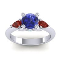 Lab Blue Sapphire Ring In 18k White Gold With Garnet And Aquamarine Divya Pear Three-stone Ring