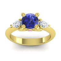 Lab Blue Sapphire Ring In 14k Yellow Gold With Diamond And Pink Tourmaline Divya Pear Three-stone Ring