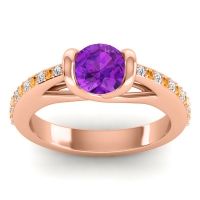 Amethyst Ring In 14K Rose Gold With Diamond And Citrine Setu Round Modern Ring