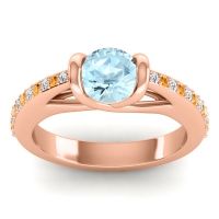 Aquamarine Ring In 14K Rose Gold With Diamond And Citrine Setu Round Modern Ring